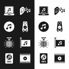 Set Stereo speaker, Music note, tone, Laptop with music, Ear listen sound signal, Disco ball, festival flag, Online play video and MP3 file document icon. Vector