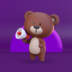 3d rendering of cute bear character holding megaphone marketing illustration