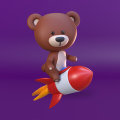 3d rendering of cute bear character riding a rocket illustration