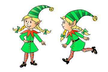 Set of Cute little Christmas Elf girls. Vector hand drawn outline color cartoon character. Simple illustration for New year, xmas, childrens design, greeting cards, calendars, prints