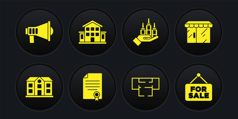 Set House, Market store, contract, plan, Skyscraper, Hanging sign with For Sale and Megaphone icon. Vector