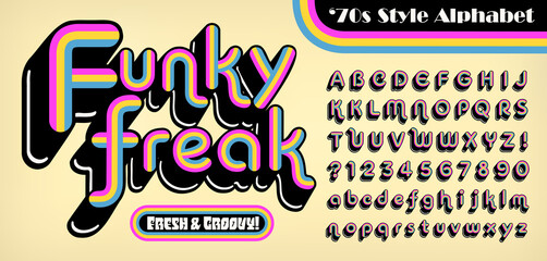 A rainbow striped 1970s style funky retro alphabet. This rounded font has a long black shadow with white highlights. Great seventies vibe, stylish and groovy.