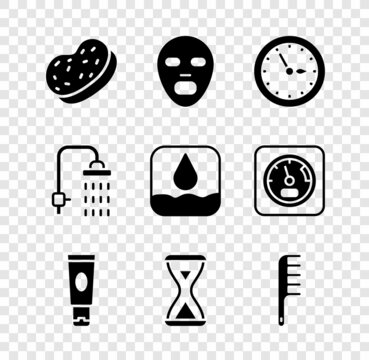 Set Bath sponge, Facial cosmetic mask, Sauna clock, Cream or lotion tube, hourglass, Hairbrush, Shower and Water drop icon. Vector