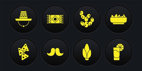 Set Nachos, in bowl, Mustache, Corn, Cactus, Mexican carpet, Tequila glass with lemon and sombrero icon. Vector