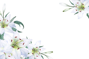 Two corner frame with white lilies, leaves and buds. Hand drawn watercolor. Copy space.