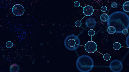 3d rendered illustration of a dark blue background with a transparent bright blue molecules. Abstract medicine and science background