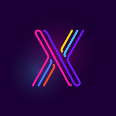 X letter logo is made of three neon lines. Vector font with glowing effect.