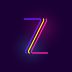 Z letter logo is made of three neon lines. Vector font with glowing effect.