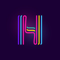 H letter logo is made of three neon lines. Vector font with glowing effect.