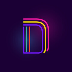 D letter logo is made of three neon lines. Vector font with glowing effect.