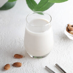 Obraz na płótnie Canvas Vegan almond milk in glass with nuts and green plant on white background. Healthy vegetarian food. selective focus. Non dairy alternative milk. square