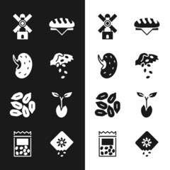 Set Seed, Windmill, Bread loaf, Sprout, Pack full of seeds of plant and icon. Vector