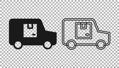 Black Delivery cargo truck vehicle icon isolated on transparent background. Vector