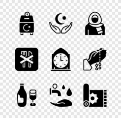 Set Donate or pay your zakat, Star and crescent, Muslim woman in hijab, Wine bottle with glass, Wudhu, Traditional carpet, Ramadan fasting and Clock icon. Vector