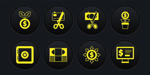 Set Safe, Dollar plant, Stacks paper money cash, Dollar, share, network, Scissors cutting, credit card, Monitor with dollar and icon. Vector