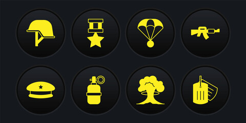 Set Military beret, M16A1 rifle, Hand grenade, Nuclear explosion, Parachute, reward medal, dog tag and helmet icon. Vector