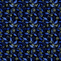 Abstract branches, leaves and berries on a dark blue background. Tropical liana. Floral seamless pattern, hand-drawn in watercolor.