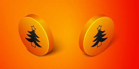 Isometric Christmas tree icon isolated on orange background. Merry Christmas and Happy New Year. Orange circle button. Vector