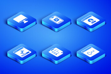 Set Software, Computer monitor screen, Clipboard with checklist, Loading data window, Mobile Apps and Create account icon. Vector