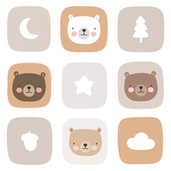 Cute teddy bear seamless pattern, hand drawn forest background with cloud moon and star, vector illustration