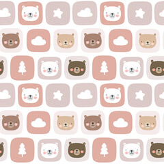 Obraz premium Cute teddy bear seamless pattern, hand drawn forest background with cloud moon and star, vector illustration