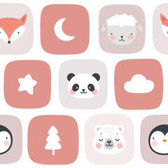 Cute animals seamless pattern, hand drawn forest background with cloud star moon shape, panda, fox, sheep and penguin vector illustration
