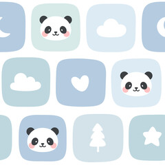 Panda seamless pattern background, animal soft background with star cloud and moon, Scandinavian style baby bedroom