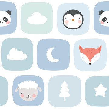 Cute animals seamless pattern, hand drawn forest background with cloud star moon shape, panda, fox, sheep and penguin vector illustration