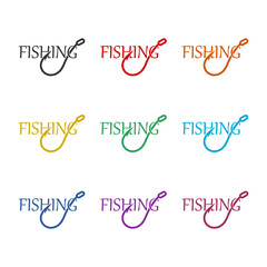 Fishing word icon isolated on white background, color set