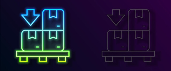 Glowing neon line Cardboard boxes on pallet icon isolated on black background. Closed carton delivery packaging box with fragile signs. Vector