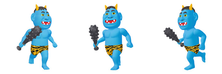 節分のイラスト素材　鬼のキャラクター（2）　青 　カット三点セット