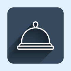 White line Covered with a tray of food icon isolated with long shadow background. Tray and lid sign. Restaurant cloche with lid. Blue square button. Vector