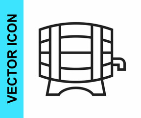 Black line Wooden barrel on rack with stopcock icon isolated on white background. Vector