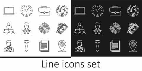 Set line Cash location pin, Stacks paper money cash, Briefcase, User of man business suit, Referral marketing, Laptop, Target sport and Clock icon. Vector