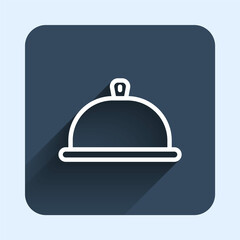 Obraz premium White line Covered with a tray of food icon isolated with long shadow background. Tray and lid sign. Restaurant cloche with lid. Blue square button. Vector