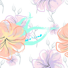 Pink Flowers Blooming Pattern. Pastel Watercolor.