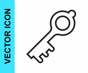 Black line Old magic key icon isolated on white background. Vector