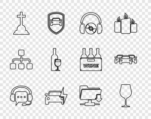 Set line Headphones with speech bubble, Wine glass, and CD or DVD, Electric car, Tombstone cross, bottle, FTP folder download and Cars icon. Vector