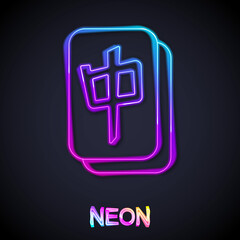 Glowing neon line Mahjong pieces icon isolated on black background. Chinese mahjong red dragon game emoji. Vector - obrazy, fototapety, plakaty