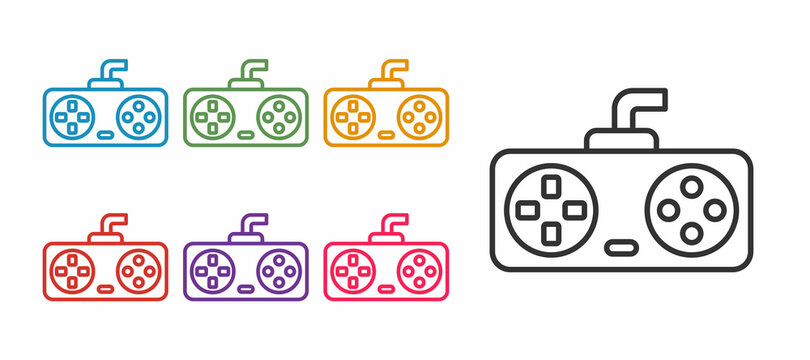 Set line Game controller or joystick for game console icon isolated on white background. Set icons colorful. Vector