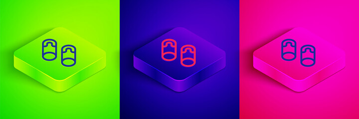 Isometric line Classic closed steel safety pin icon isolated on green, blue and pink background. Square button. Vector