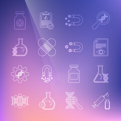 Set line Medical syringe and vial, DNA research, search, Paper page with eye, Magnet money, Crossed bandage plaster, Medicine bottle and Customer attracting icon. Vector