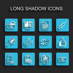 Set line Medicine bottle and pills, Clipboard with blood test, Health record folder, Clinical on monitor, Magnet lightning, DNA research, search and money icon. Vector