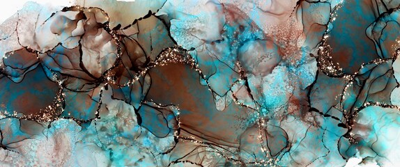 Turqoise and brown alcohol ink background with golden kintugi elements, watercolour painting, modern fluid illustration with teal accent, golden, cooper design, wallpaper for print	
