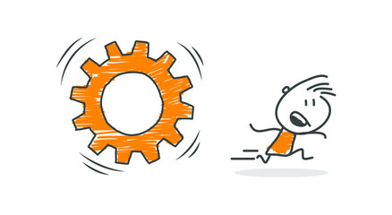 Stick figures. Business, Gear Wheel. Isolated on white background. Hand drawn doodle line art cartoon design character. 