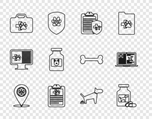 Set line Location veterinary, Dog medicine bottle and pills, Clinical record pet, Pet first aid kit, pooping and dog laptop icon. Vector
