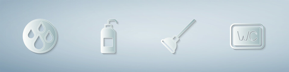 Set Water drop, Antibacterial soap, Rubber plunger and Toilet. Paper art style. Vector