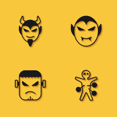 Set Devil head, Voodoo doll, Frankenstein face and Vampire icon with long shadow. Vector