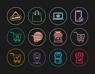 Set line Mobile and shopping cart, Refresh, Shopping basket on laptop, with globe, Remove, Hanging sign Close, Market store and Handbag icon. Vector