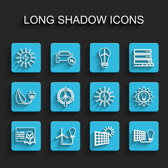 Set line Certificate template, Light bulb with wind turbine, Solar energy panel, and sun, light, Rotating, and icon. Vector